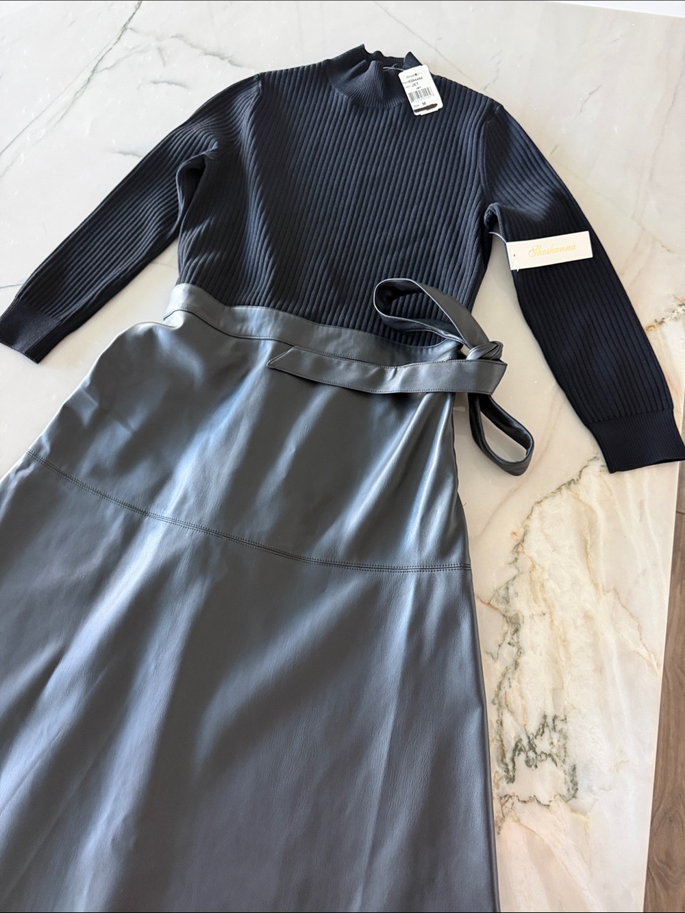NWT Shoshanna Farrah Mixed Media Faux Leather Midi Dress Black